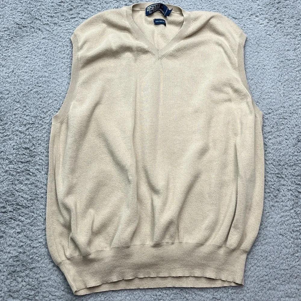 Polo Ralph Lauren Sweater Vest Mens L Beige Vintage 90s Pima Cotton‎ Preppy